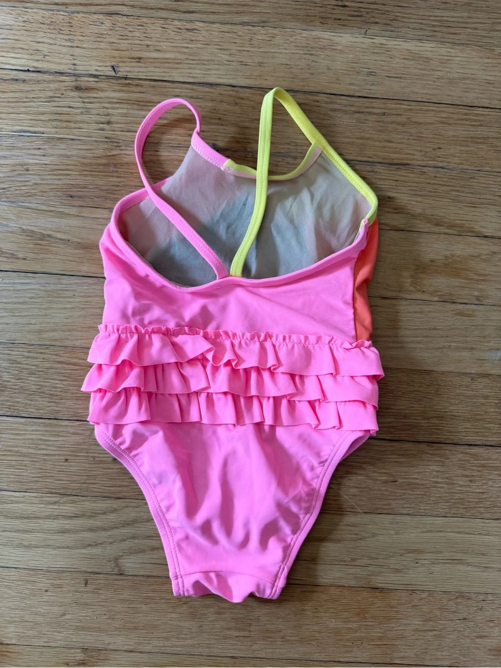 Old Navy Pink One-Piece Swimsuit with Multicolor Panels and Ruffles